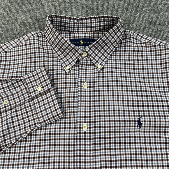 Ralph Lauren Shirt Mens XL Blue Brown Plaid Long Sleeve Button Down Pony Cotton - Picture 1 of 10